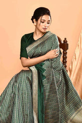 'Modern Elegance' Bottle Green Pure Katan Silk Banarasi Handloom Saree